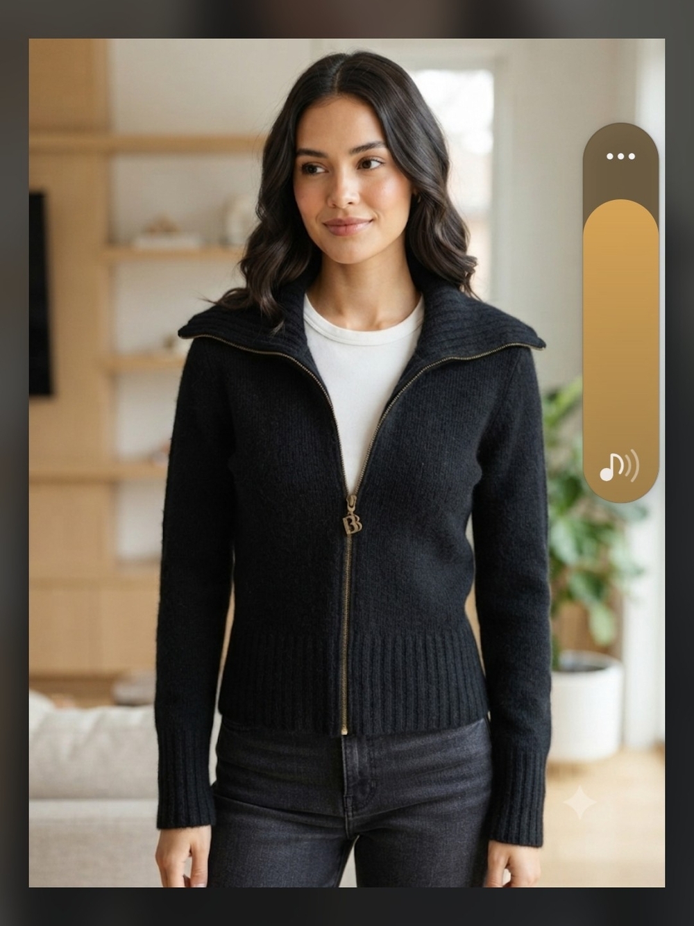 Bisou Bisou Black Zip Front Ribbed Hem Cardigan Sweater